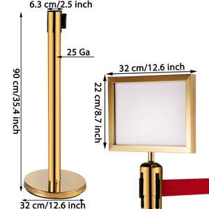 Stanchion Queue Barrier Set | 6 Stainless Steel Posts with Red Belts & Sign Frame | Gold Safety Line Dividers