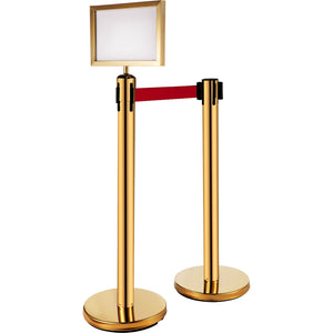 Stanchion Queue Barrier Set | 6 Stainless Steel Posts with Red Belts & Sign Frame | Gold Safety Line Dividers