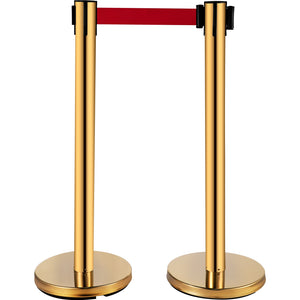 Stanchion Queue Barrier Set | 6 Stainless Steel Posts with Red Belts & Sign Frame | Gold Safety Line Dividers