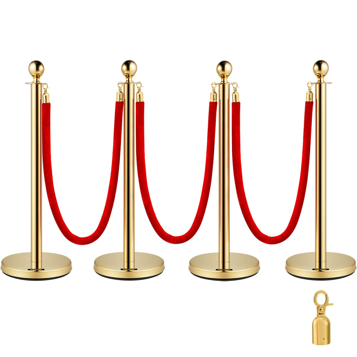 Gold Stanchion Post Set | 4 Crowd Control Posts with 38" Red Velvet Ropes