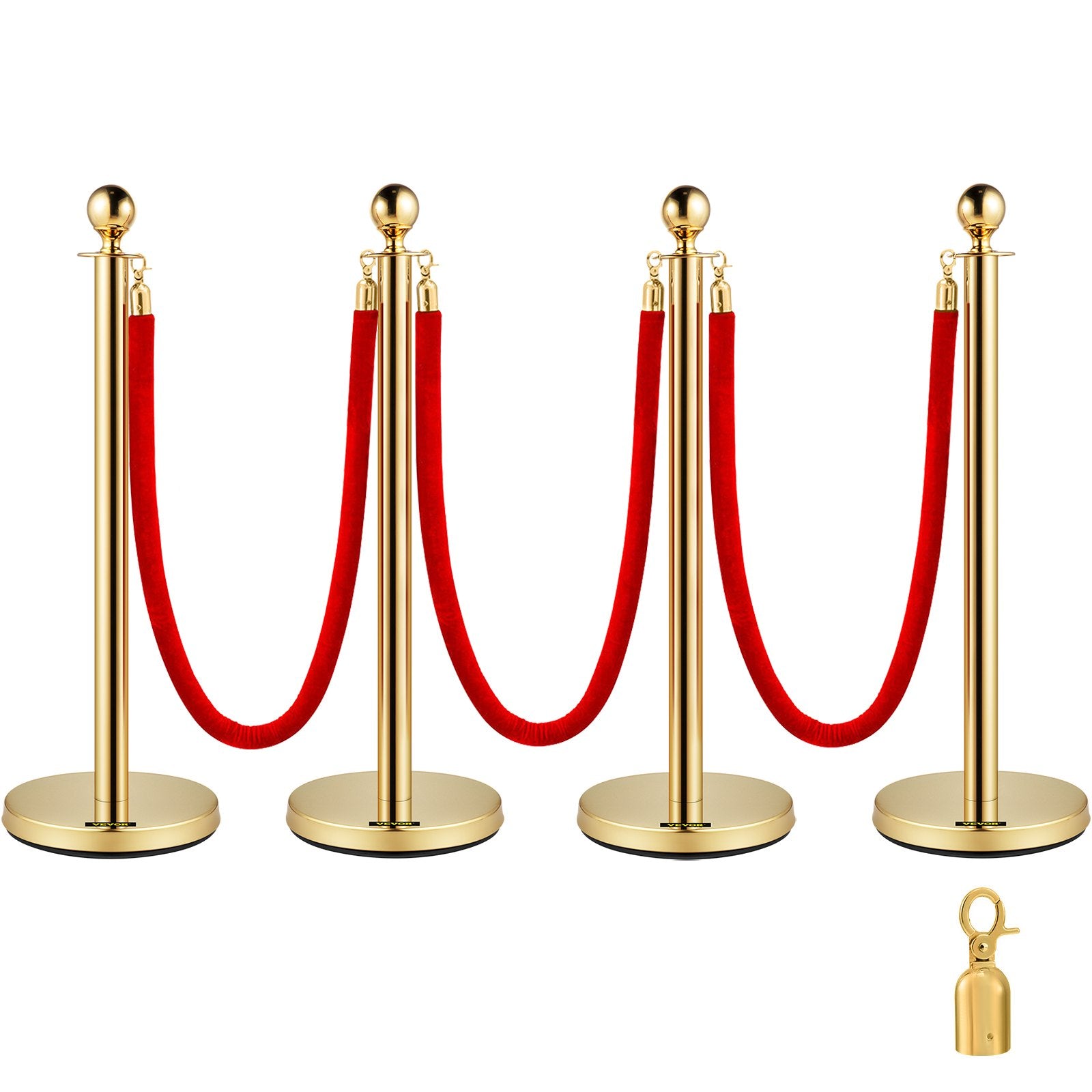 Gold Stanchion Post Set | 4 Crowd Control Posts with 38" Red Velvet Ropes