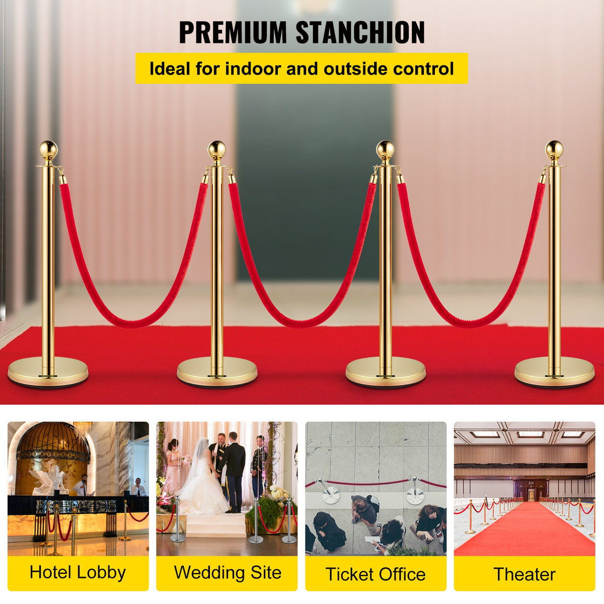 Gold Stanchion Post Set | 4 Crowd Control Posts with 38" Red Velvet Ropes