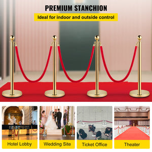 Gold Stanchion Post Set | 4 Crowd Control Posts with 38" Red Velvet Ropes