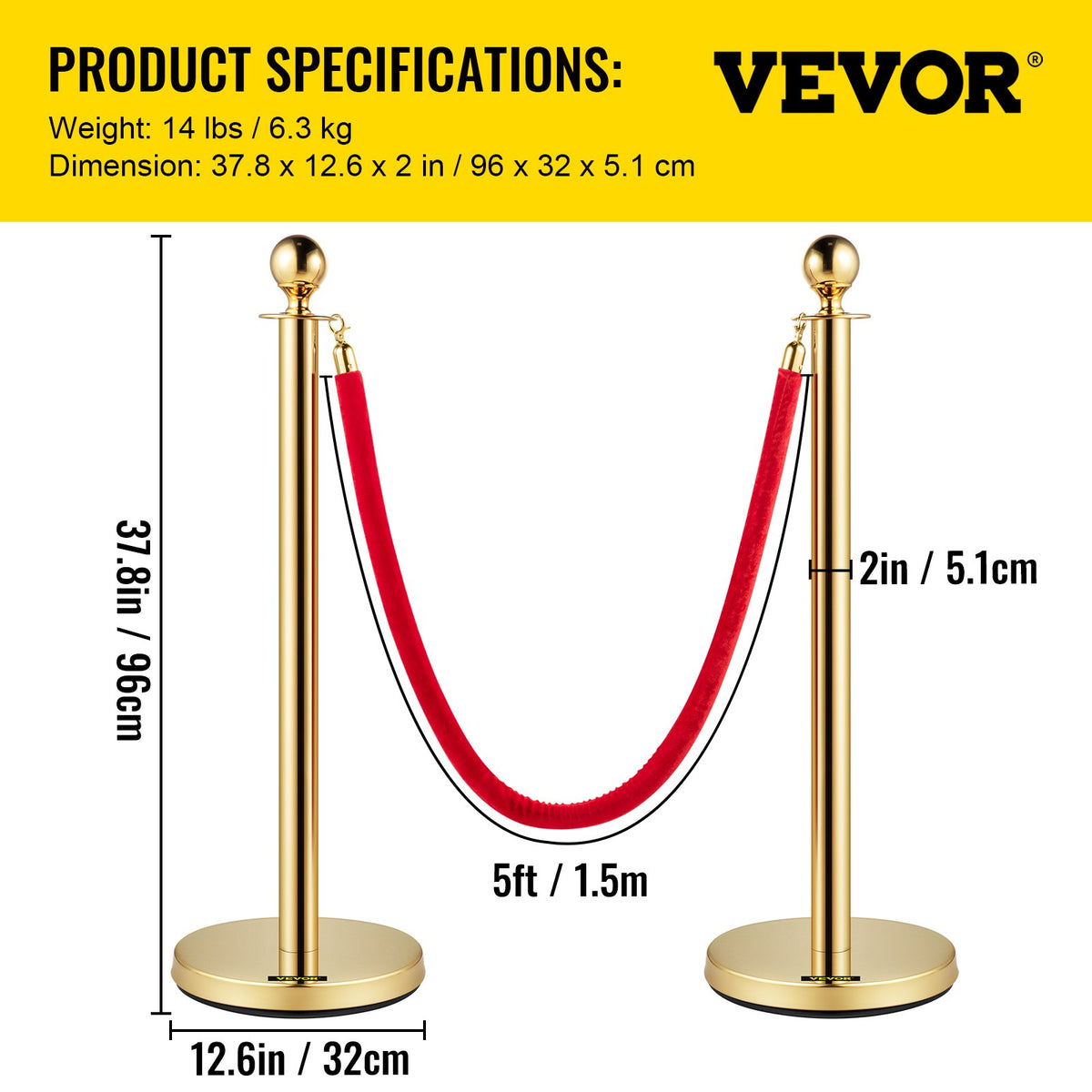 Gold Stanchion Post Set | 4 Crowd Control Posts with 38" Red Velvet Ropes