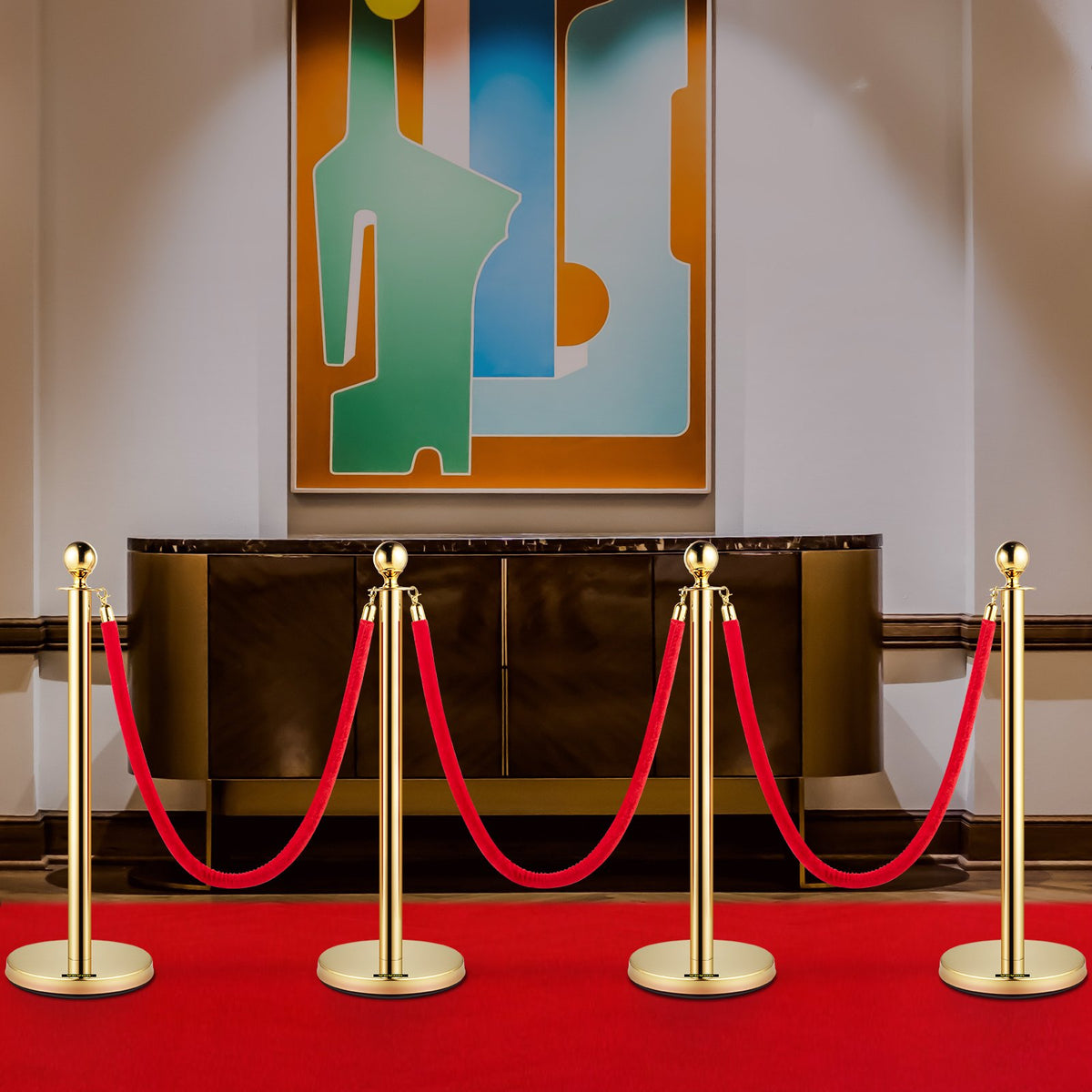 Gold Stanchion Post Set | 4 Crowd Control Posts with 38" Red Velvet Ropes