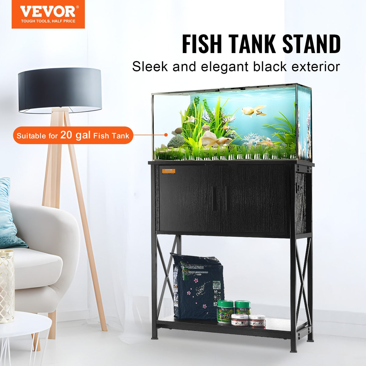 Aquarium Stand 20 Gallon | 25.6"x16.5"x31.9" Steel & MDF Tank Stand with Storage & Power Panel | Black
