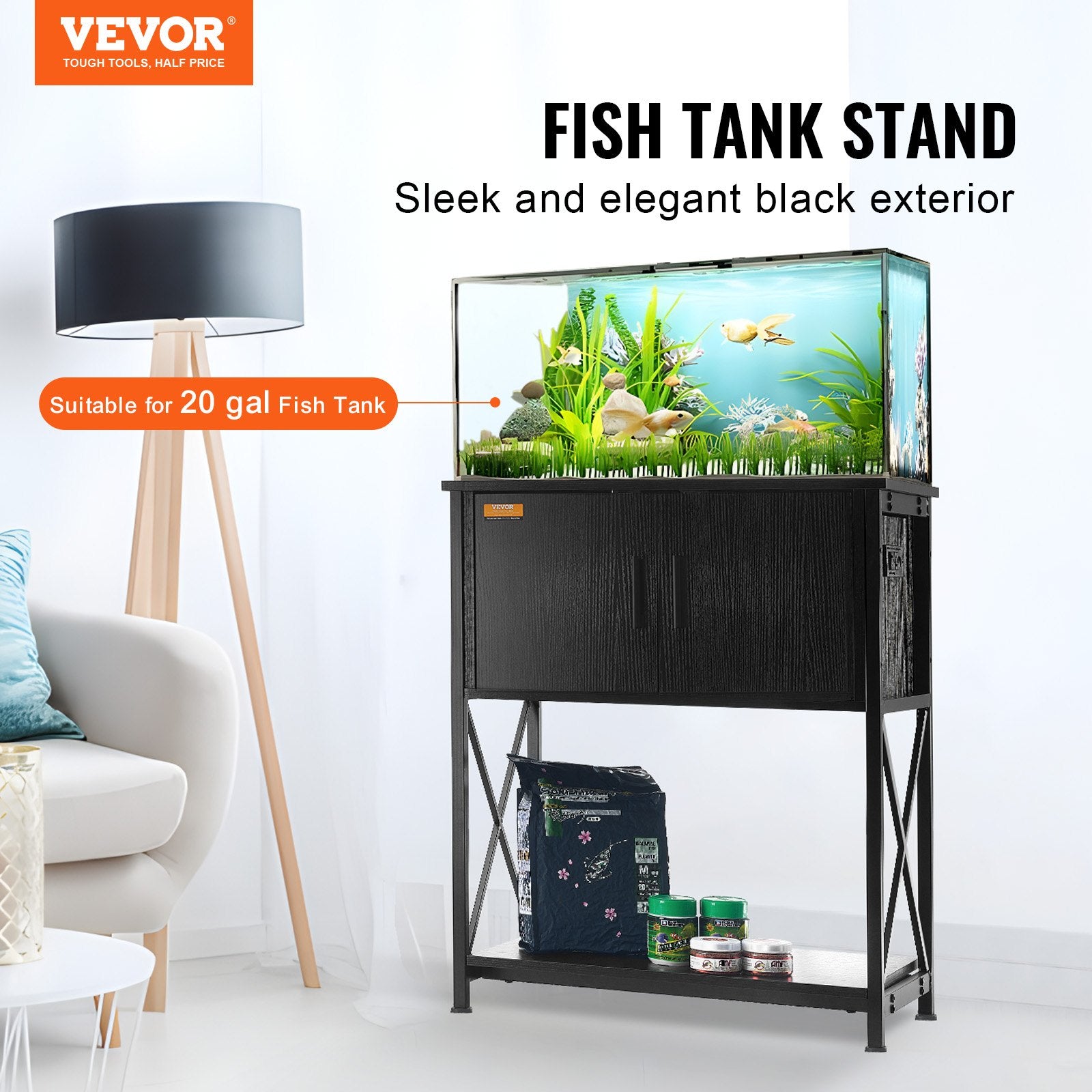 Aquarium Stand 20 Gallon | 25.6"x16.5"x31.9" Steel & MDF Tank Stand with Storage & Power Panel | Black
