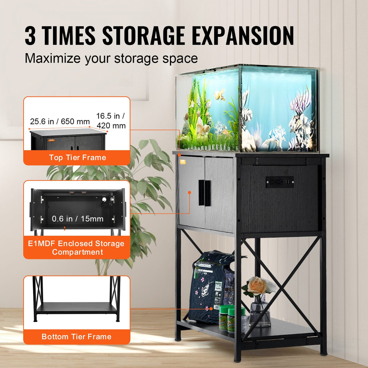 Aquarium Stand 20 Gallon | 25.6"x16.5"x31.9" Steel & MDF Tank Stand with Storage & Power Panel | Black