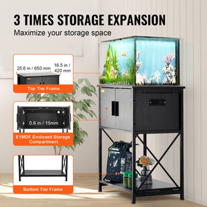 Aquarium Stand 20 Gallon | 25.6"x16.5"x31.9" Steel & MDF Tank Stand with Storage & Power Panel | Black