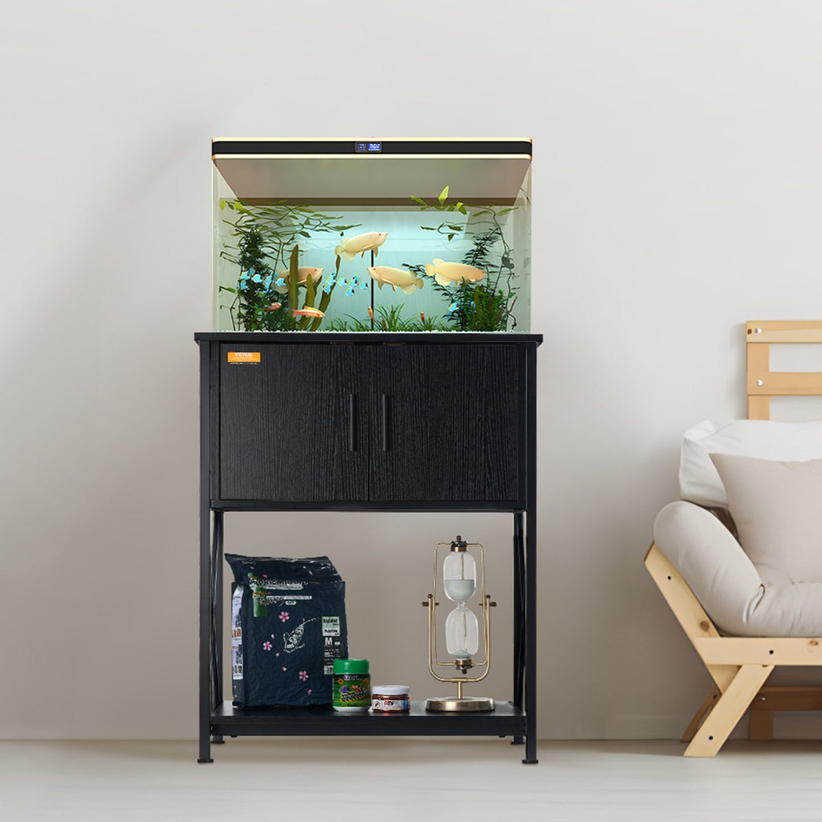 Aquarium Stand 20 Gallon | 25.6"x16.5"x31.9" Steel & MDF Tank Stand with Storage & Power Panel | Black