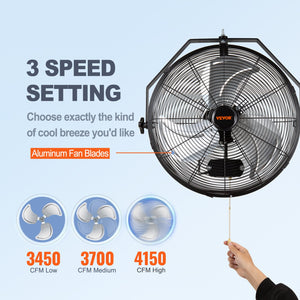Industrial Wall Fan | 17.6" Waterproof Metal Fan with 3 Speeds