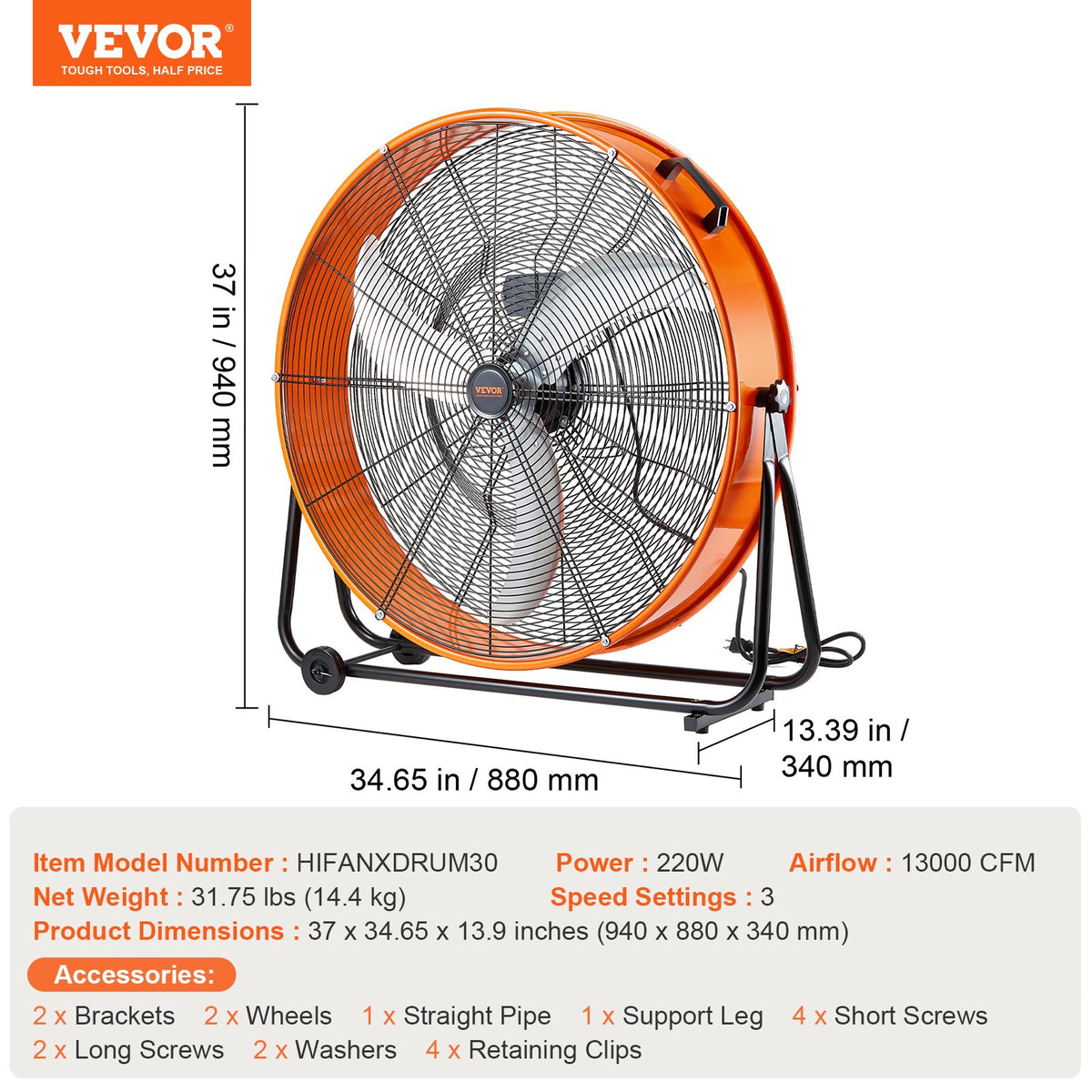 Drum Fan 30" | High Velocity Industrial 3-Speed | 13,000CFM