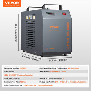 Industrial Water Chiller CW-5200 | Built-In Compressor | 7L Tank Capacity | 13 L/min Flow Rate | Cooling System for CO2 Laser Engraving Machines