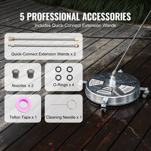 Surface Cleaner 18" with Wheels | Stainless Steel 4000 PSI | Includes 2 Extension Wands