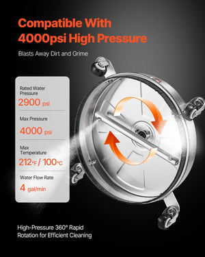 Pressure Washer Surface Cleaner 15" | 4 Wheels | 4000 PSI Max | Includes 2 Extended Wands