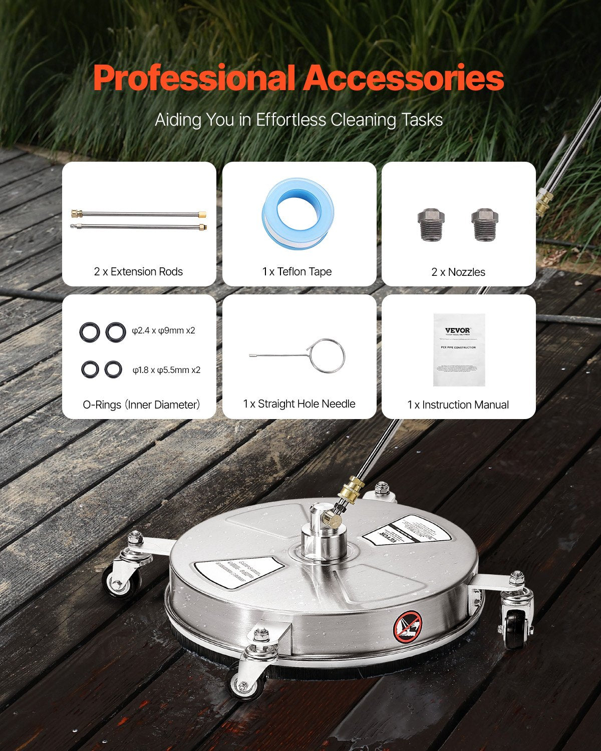 Pressure Washer Surface Cleaner 15" | 4 Wheels | 4000 PSI Max | Includes 2 Extended Wands