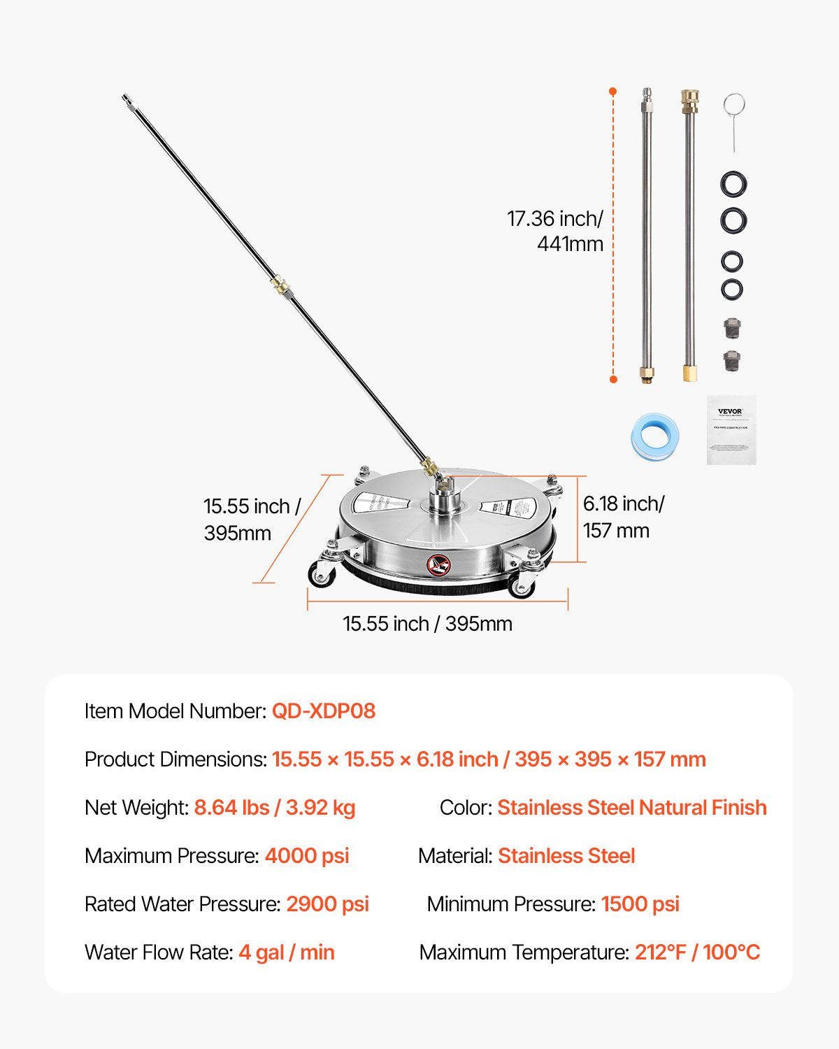 Pressure Washer Surface Cleaner 15" | 4 Wheels | 4000 PSI Max | Includes 2 Extended Wands