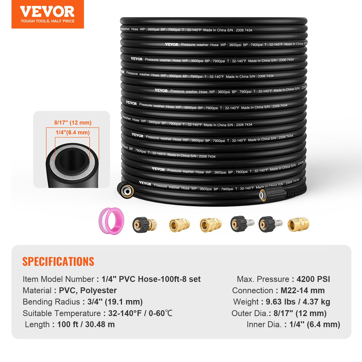 Pressure Washer Hose 100ft | 1/4" M22-14mm Thread | 4200 PSI Kink-Free