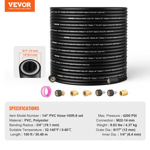 Pressure Washer Hose 100ft | 1/4" M22-14mm Thread | 4200 PSI Kink-Free