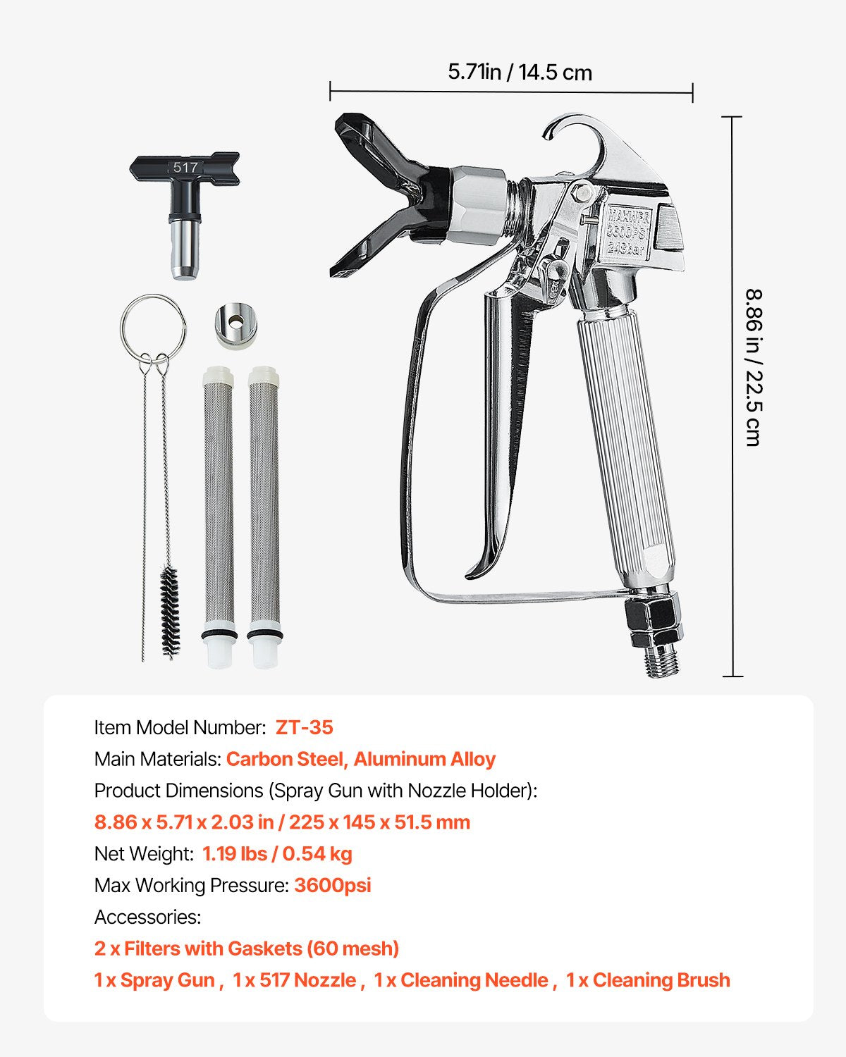 Airless Paint Spray Gun | 3600PSI High Pressure Gun with 517 Tip