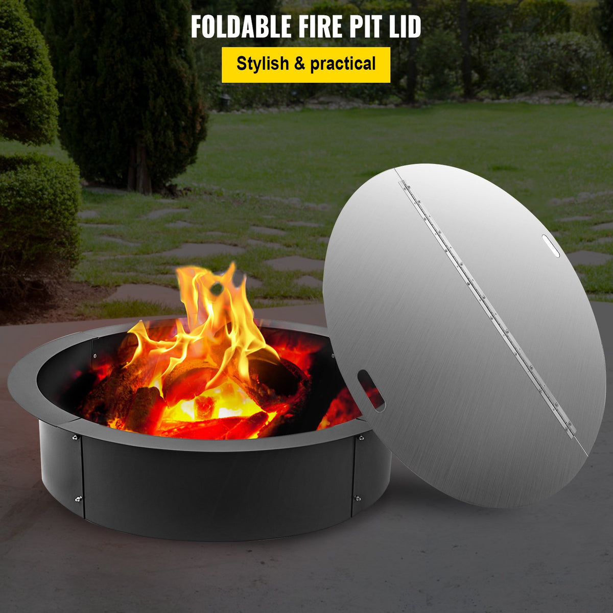 Fire Pit Lid | 40" Round Foldable 430 Stainless Steel Snuff Cover | 3mm Thick Spark Screen for Fire Pits