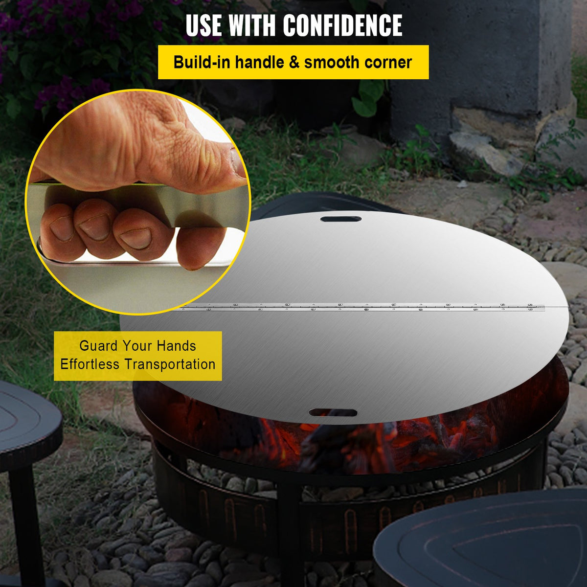 Fire Pit Lid | 40" Round Foldable 430 Stainless Steel Snuff Cover | 3mm Thick Spark Screen for Fire Pits