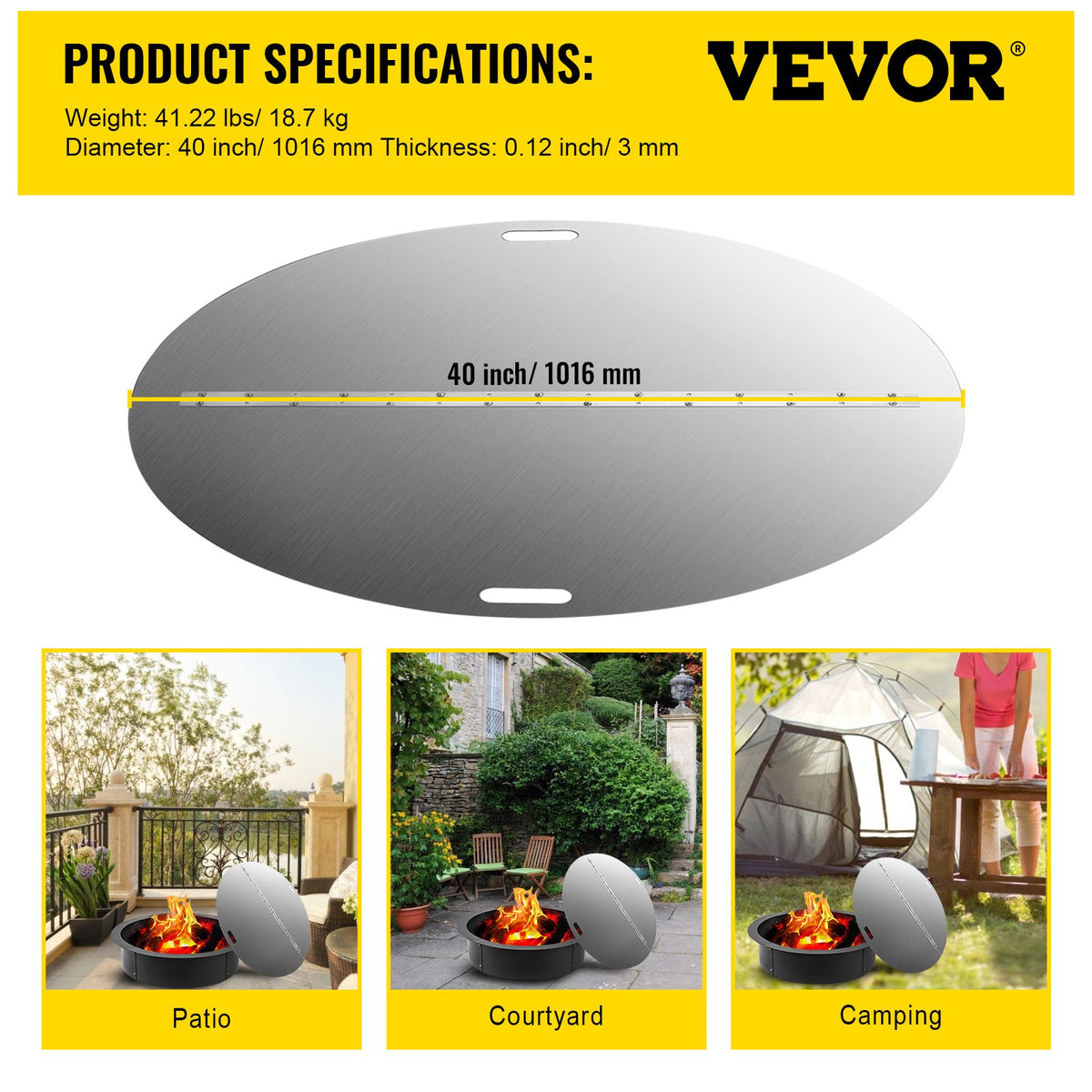 Fire Pit Lid | 40" Round Foldable 430 Stainless Steel Snuff Cover | 3mm Thick Spark Screen for Fire Pits