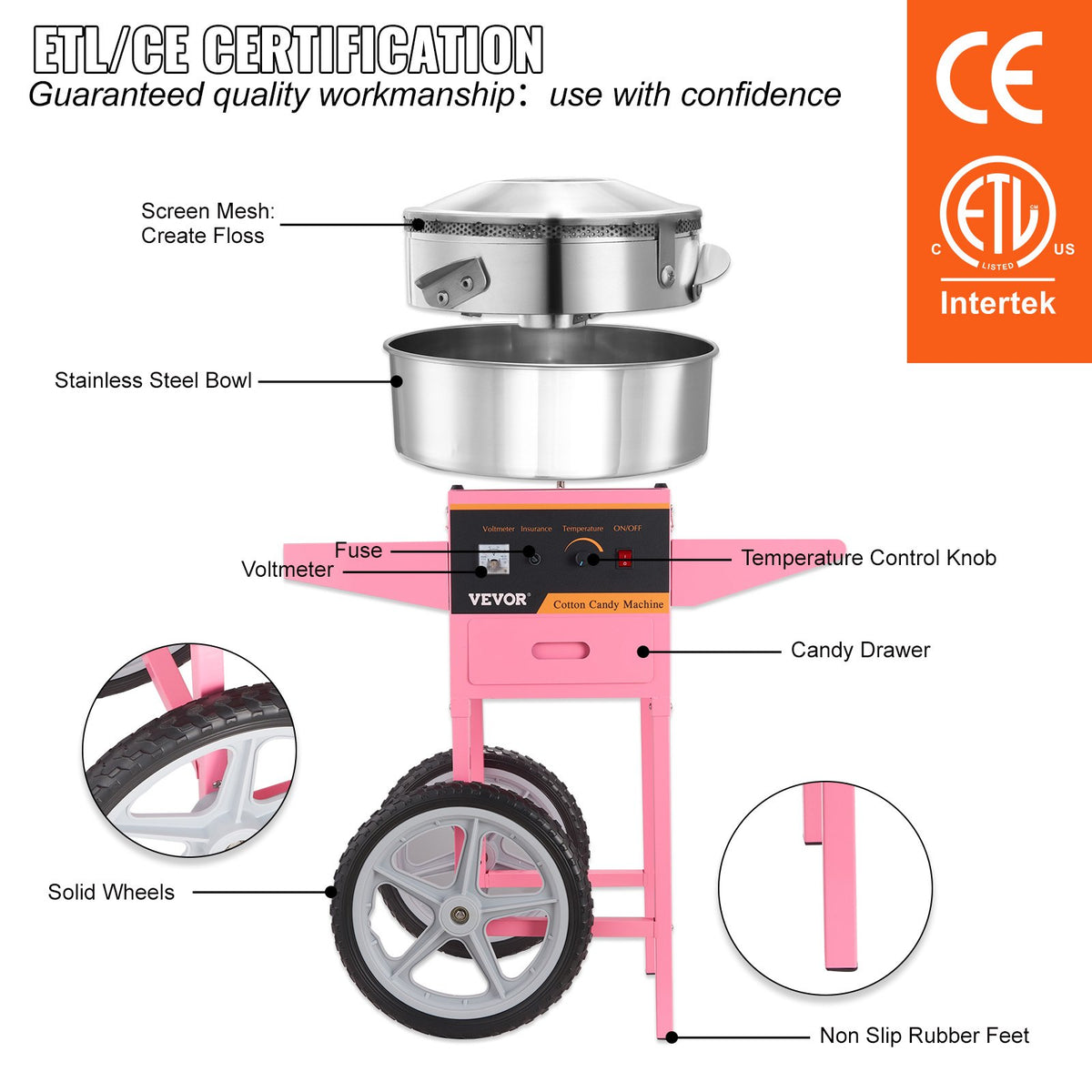 Cotton Candy Machine 1000W with Cart | Commercial Sugar Floss Maker for Parties