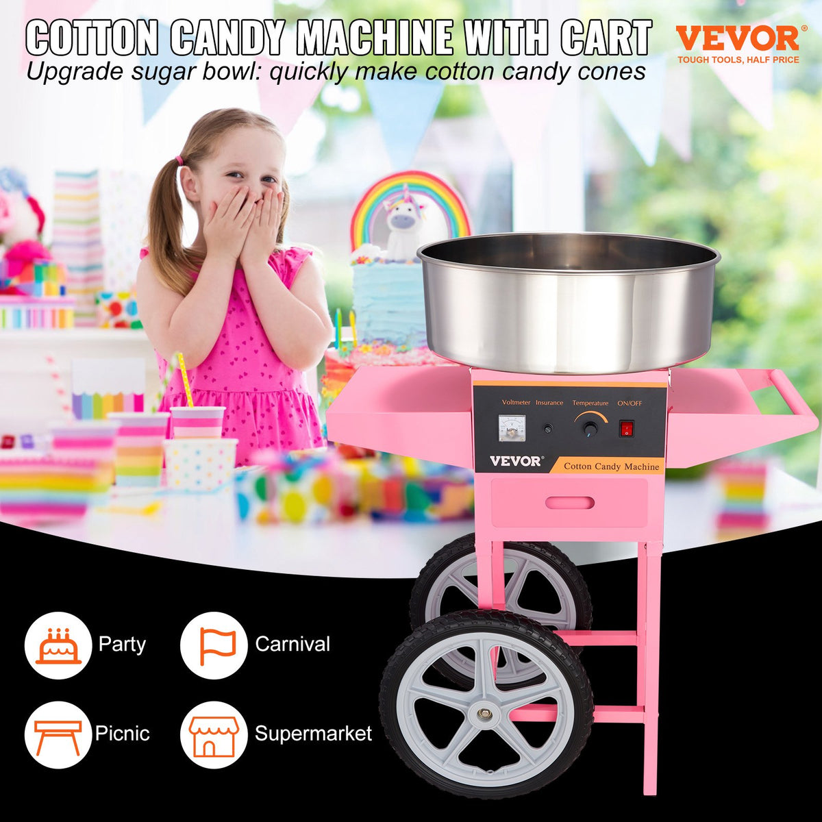 Cotton Candy Machine 1000W with Cart | Commercial Sugar Floss Maker for Parties