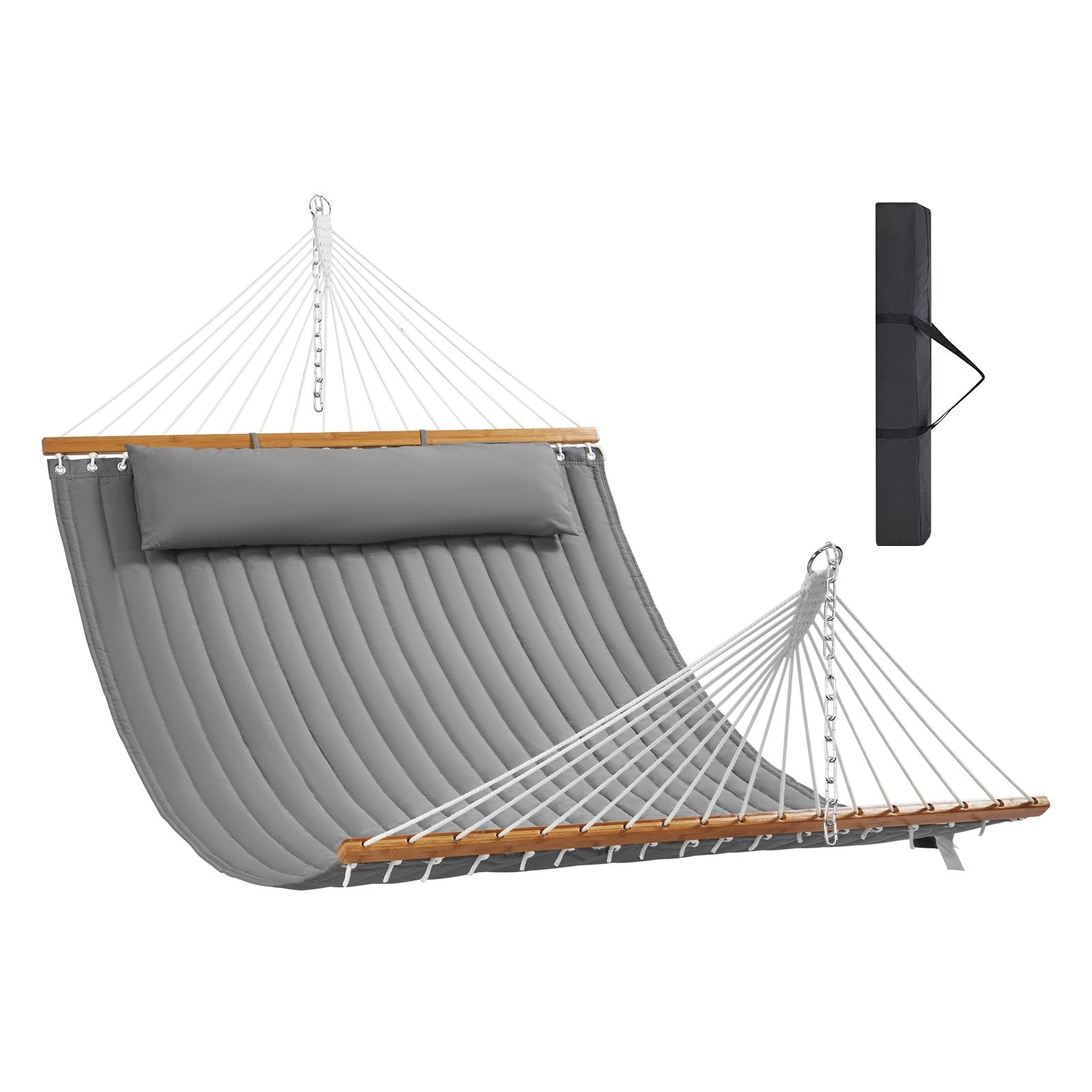 Double Quilted Fabric Hammock 12FT | 2 Person Hammock with Hardwood Spreader Bars, Detachable Pillow & Chains | 480lbs Capacity | Camping, Patio, Yard & Beach