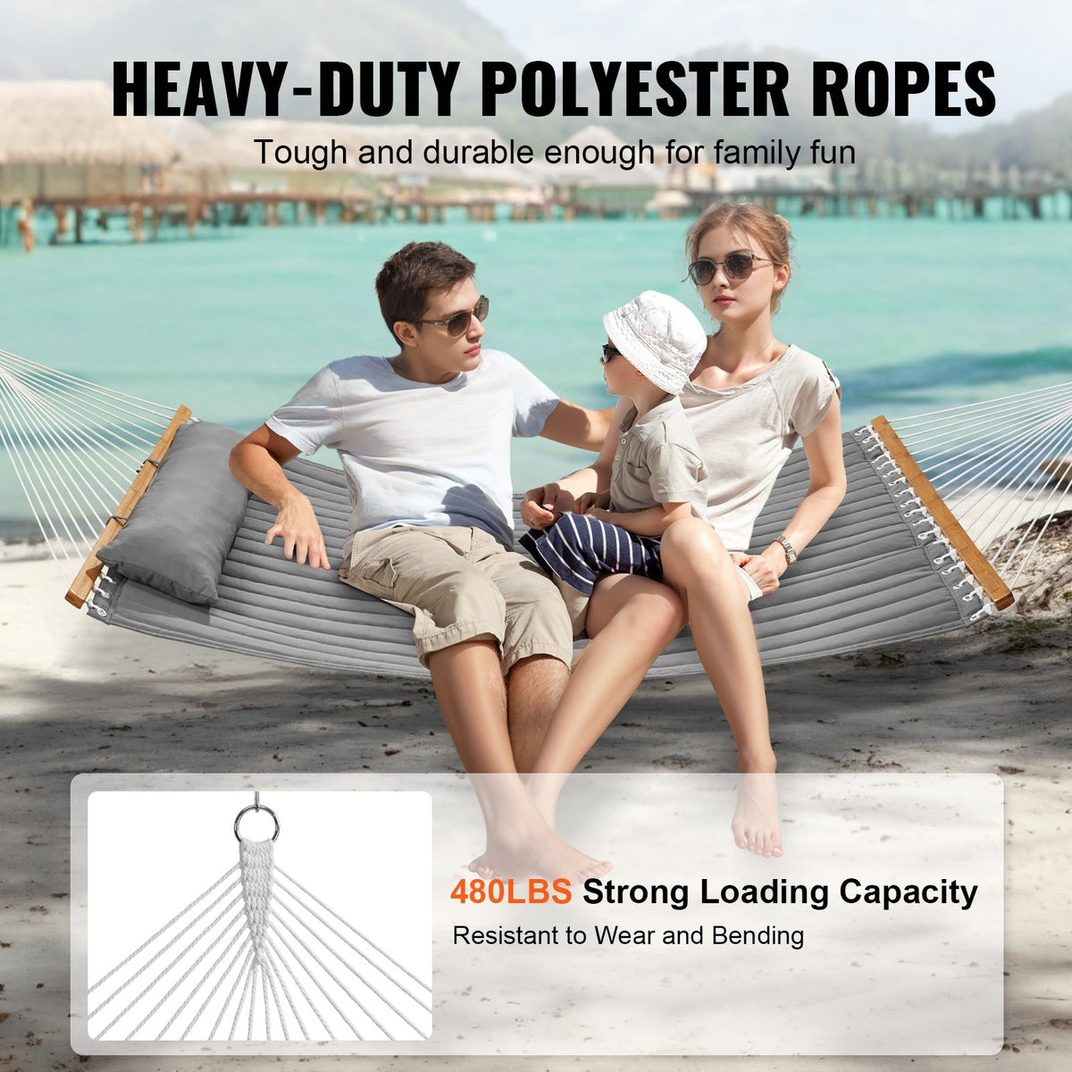 Double Quilted Fabric Hammock 12FT | 2 Person Hammock with Hardwood Spreader Bars, Detachable Pillow & Chains | 480lbs Capacity | Camping, Patio, Yard & Beach