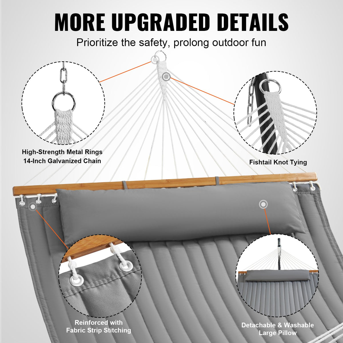 Double Quilted Fabric Hammock 12FT | 2 Person Hammock with Hardwood Spreader Bars, Detachable Pillow & Chains | 480lbs Capacity | Camping, Patio, Yard & Beach