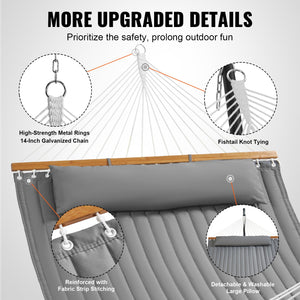 Double Quilted Fabric Hammock 12FT | 2 Person Hammock with Hardwood Spreader Bars, Detachable Pillow & Chains | 480lbs Capacity | Camping, Patio, Yard & Beach