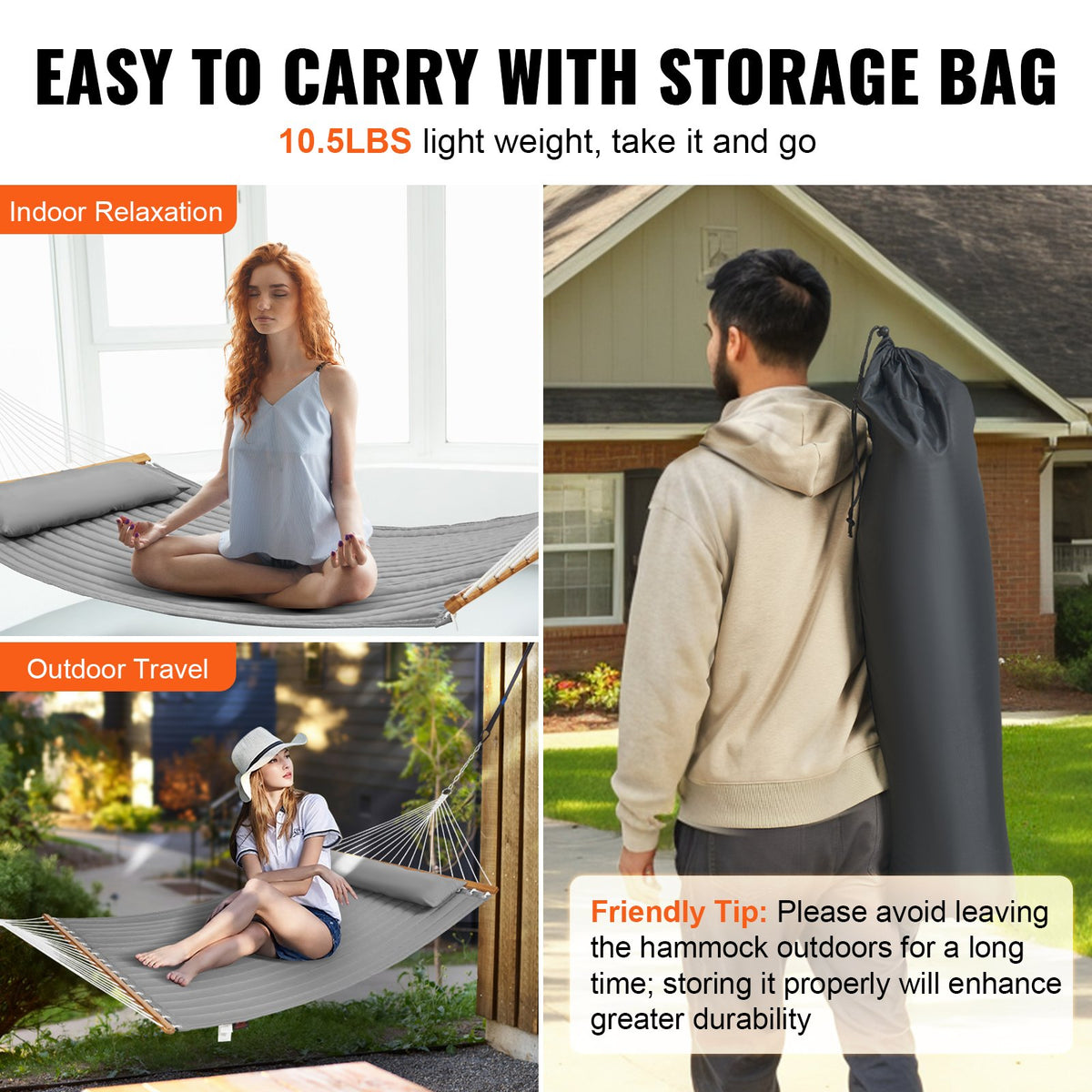 Double Quilted Fabric Hammock 12FT | 2 Person Hammock with Hardwood Spreader Bars, Detachable Pillow & Chains | 480lbs Capacity | Camping, Patio, Yard & Beach
