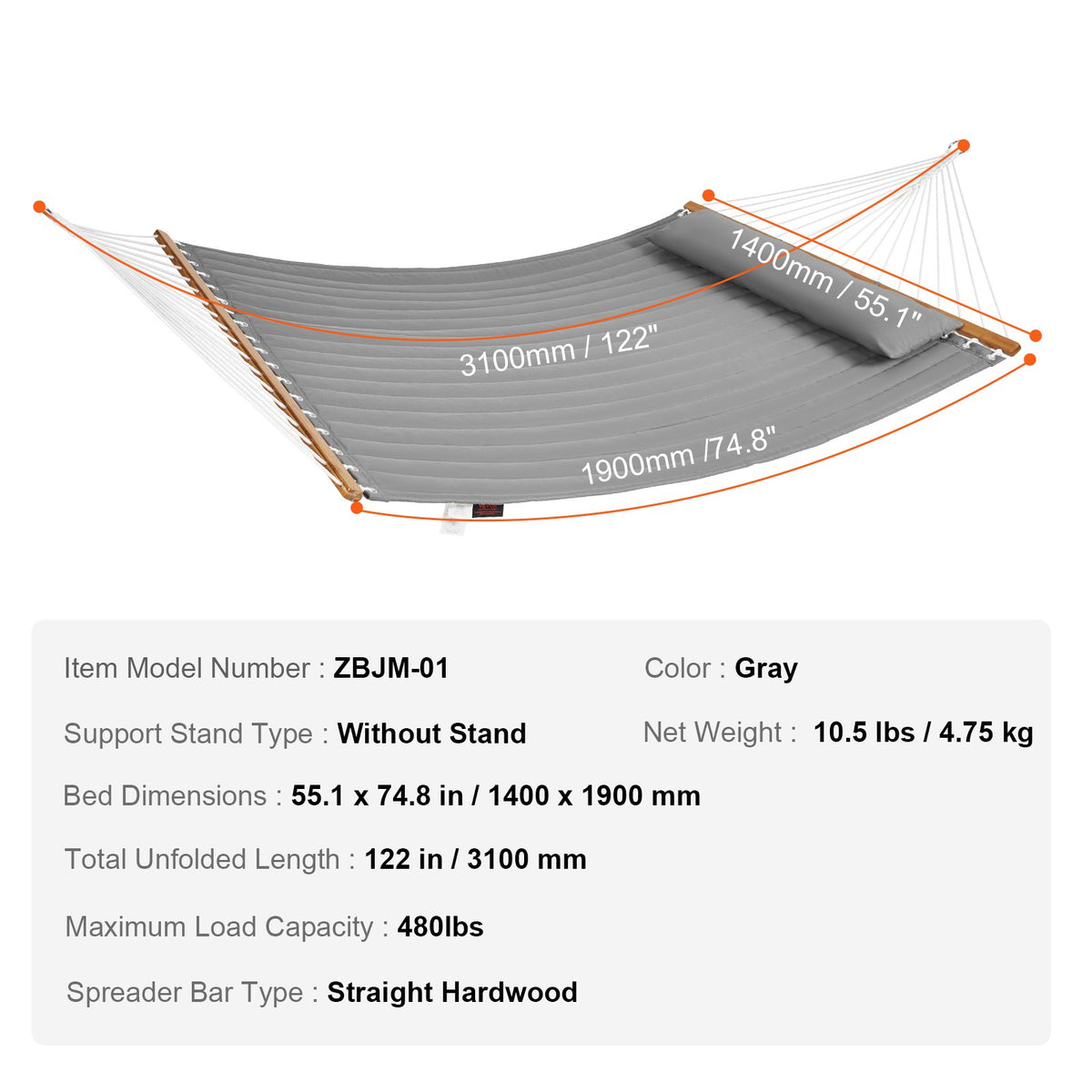 Double Quilted Fabric Hammock 12FT | 2 Person Hammock with Hardwood Spreader Bars, Detachable Pillow & Chains | 480lbs Capacity | Camping, Patio, Yard & Beach