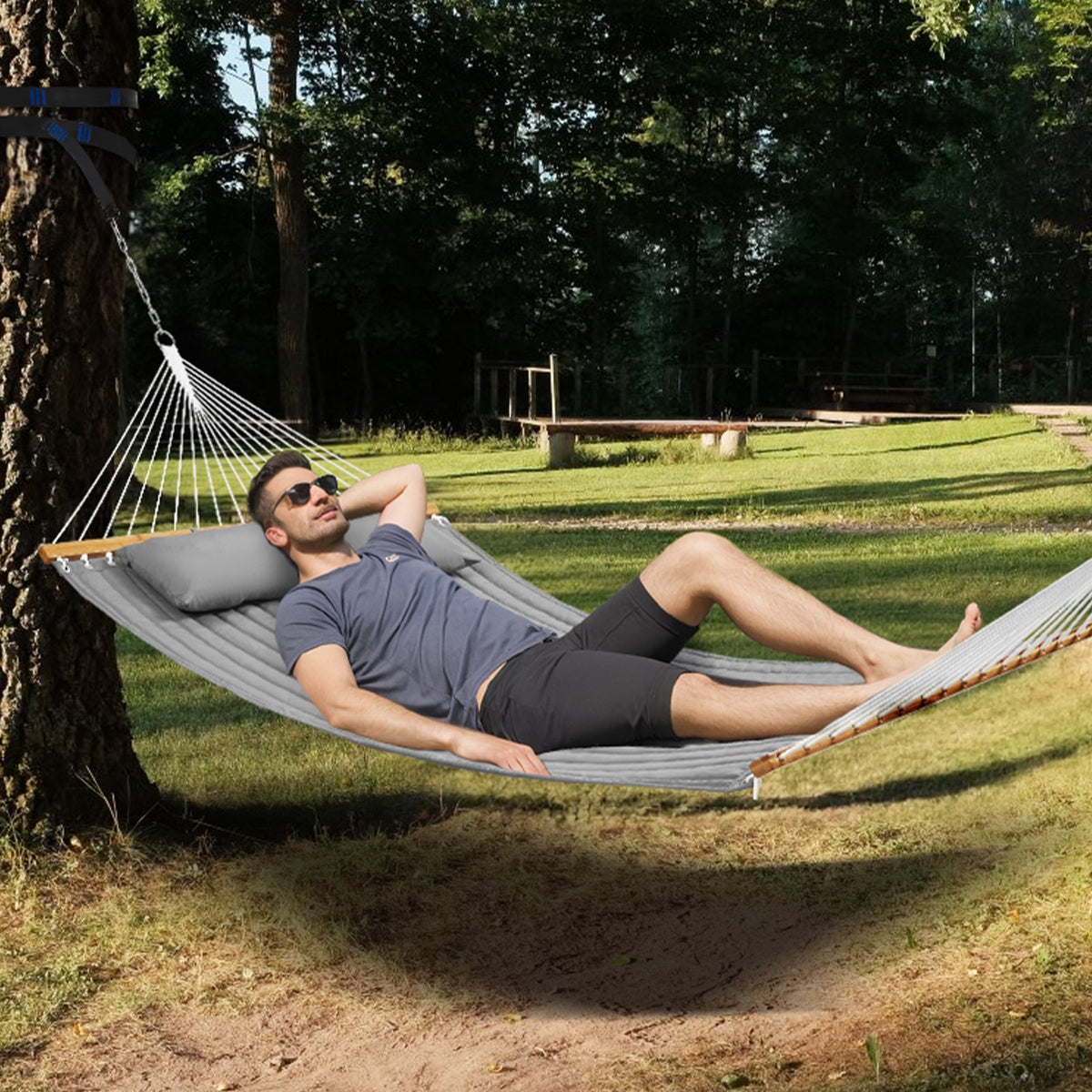 Double Quilted Fabric Hammock 12FT | 2 Person Hammock with Hardwood Spreader Bars, Detachable Pillow & Chains | 480lbs Capacity | Camping, Patio, Yard & Beach