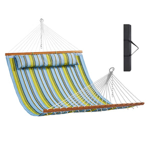 Double Quilted Fabric Hammock 12FT | 2 Person Hammock with Hardwood Spreader Bars, Detachable Pillow & Chains | 480lbs Capacity | Camping, Patio, Yard & Beach