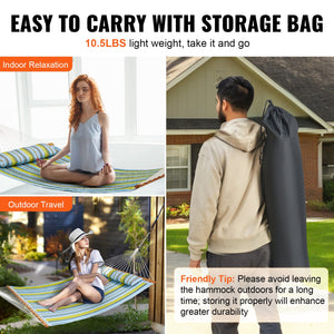 Double Quilted Fabric Hammock 12FT | 2 Person Hammock with Hardwood Spreader Bars, Detachable Pillow & Chains | 480lbs Capacity | Camping, Patio, Yard & Beach
