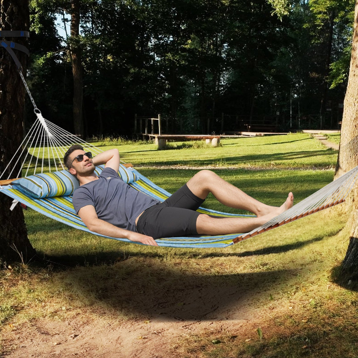 Double Quilted Fabric Hammock 12FT | 2 Person Hammock with Hardwood Spreader Bars, Detachable Pillow & Chains | 480lbs Capacity | Camping, Patio, Yard & Beach