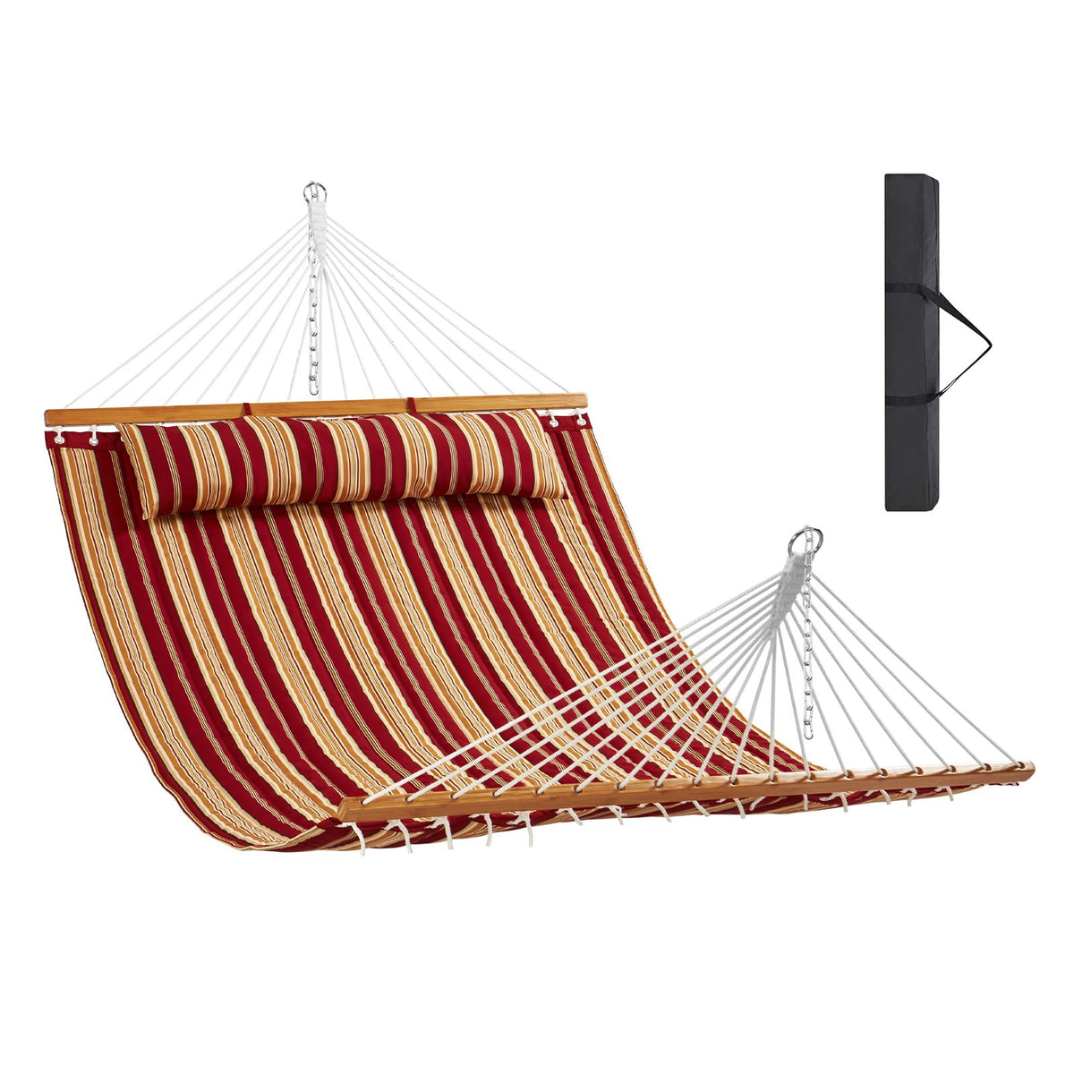 Double Quilted Fabric Hammock 12FT | 2 Person Hammock with Hardwood Spreader Bars, Detachable Pillow & Chains | 480lbs Capacity | Outdoor Patio, Beach & Camping
