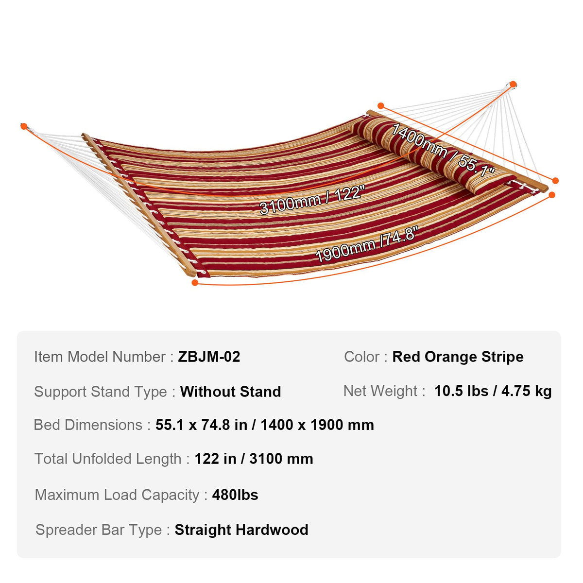 Double Quilted Fabric Hammock 12FT | 2 Person Hammock with Hardwood Spreader Bars, Detachable Pillow & Chains | 480lbs Capacity | Outdoor Patio, Beach & Camping