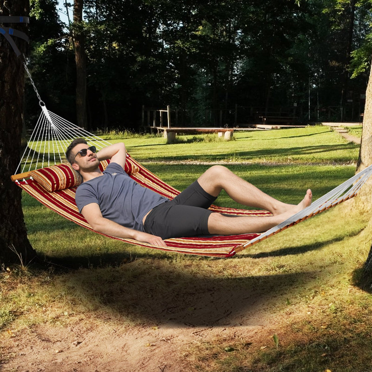 Double Quilted Fabric Hammock 12FT | 2 Person Hammock with Hardwood Spreader Bars, Detachable Pillow & Chains | 480lbs Capacity | Outdoor Patio, Beach & Camping