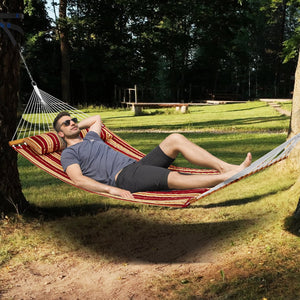 Double Quilted Fabric Hammock 12FT | 2 Person Hammock with Hardwood Spreader Bars, Detachable Pillow & Chains | 480lbs Capacity | Outdoor Patio, Beach & Camping