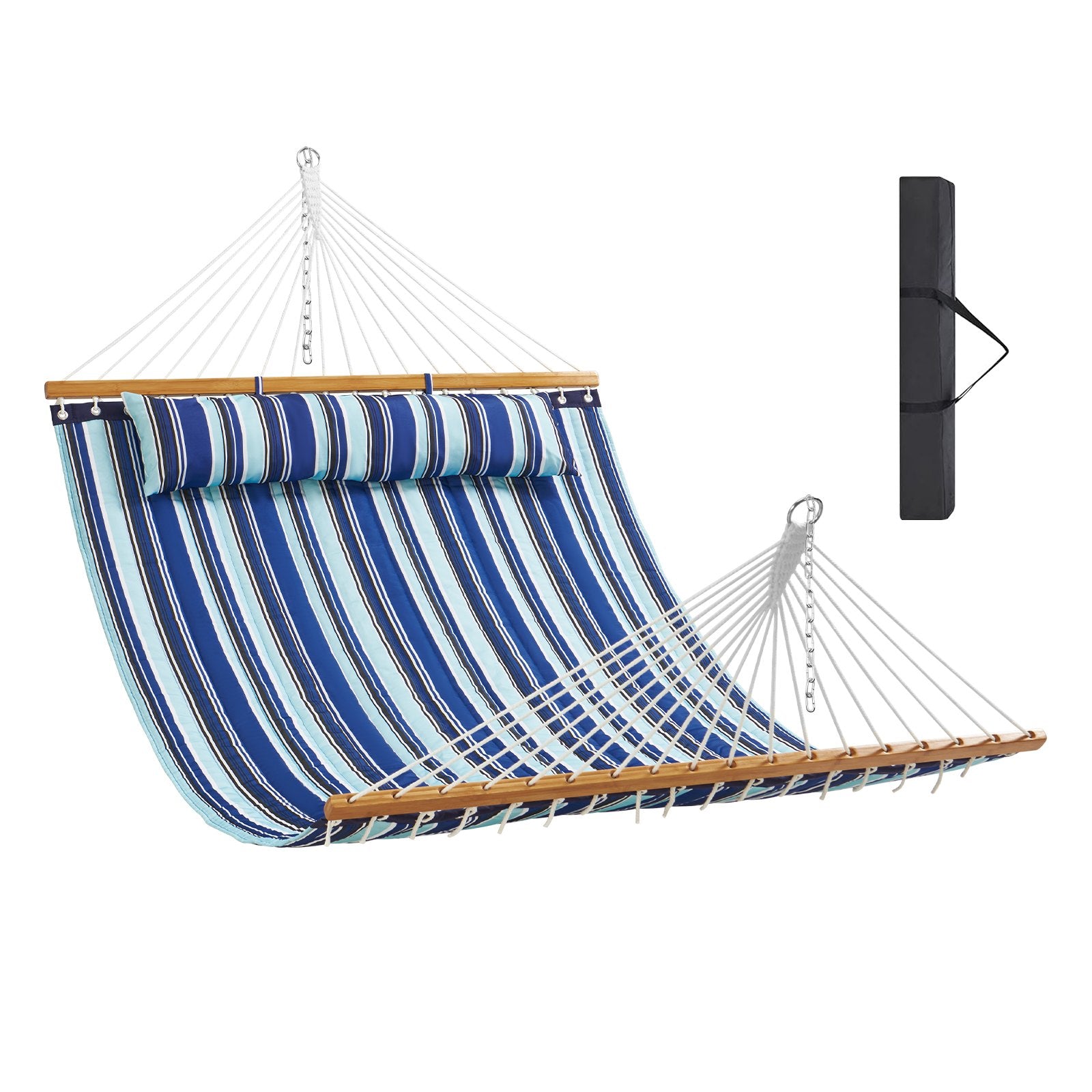 Double Quilted Fabric Hammock 12FT | 2 Person Hammock with Hardwood Spreader Bars, Detachable Pillow & Chains | 480lbs Capacity | Outdoor Patio, Beach & Camping
