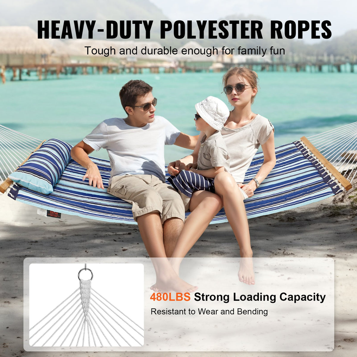 Double Quilted Fabric Hammock 12FT | 2 Person Hammock with Hardwood Spreader Bars, Detachable Pillow & Chains | 480lbs Capacity | Outdoor Patio, Beach & Camping