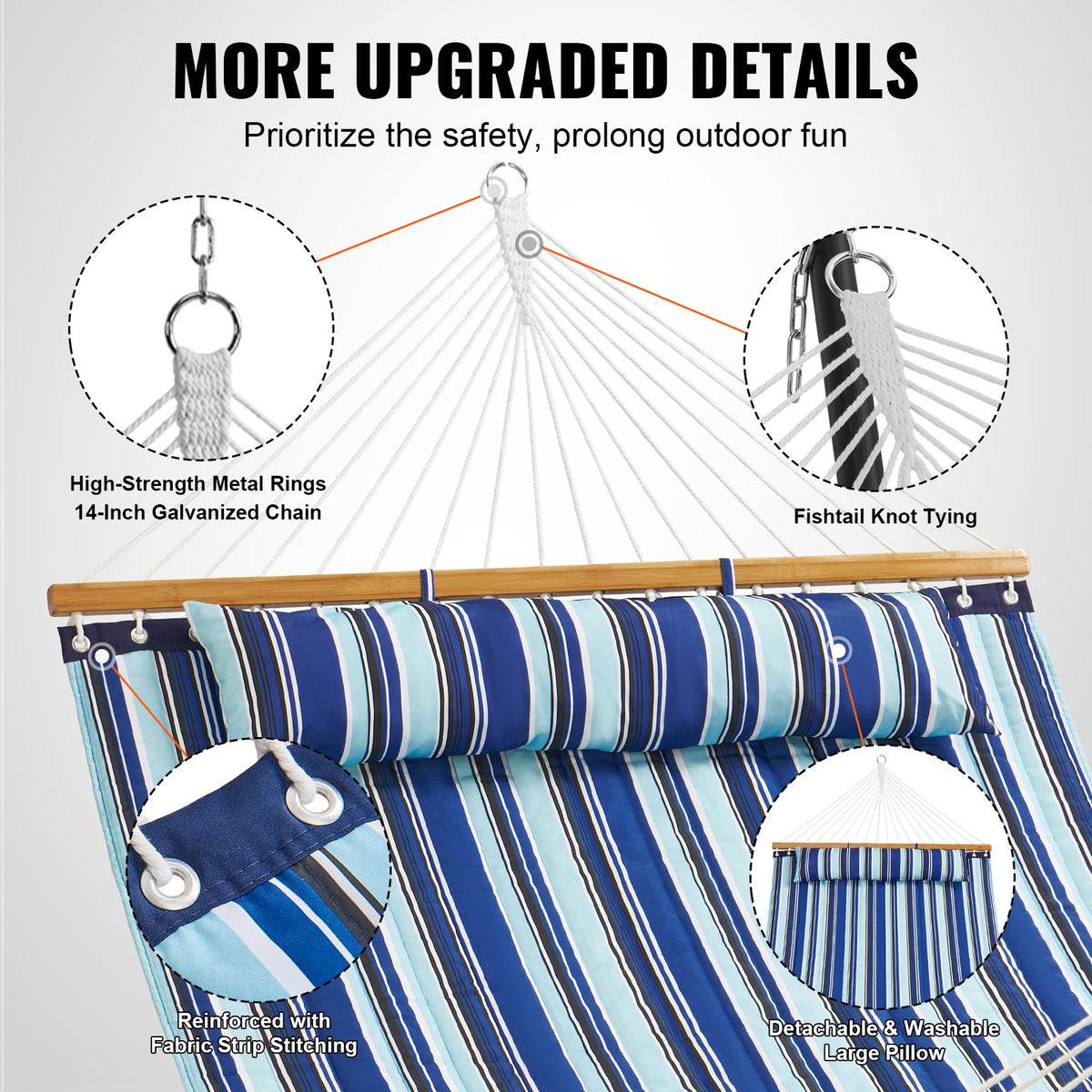 Double Quilted Fabric Hammock 12FT | 2 Person Hammock with Hardwood Spreader Bars, Detachable Pillow & Chains | 480lbs Capacity | Outdoor Patio, Beach & Camping