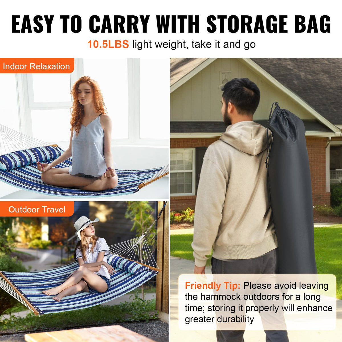 Double Quilted Fabric Hammock 12FT | 2 Person Hammock with Hardwood Spreader Bars, Detachable Pillow & Chains | 480lbs Capacity | Outdoor Patio, Beach & Camping