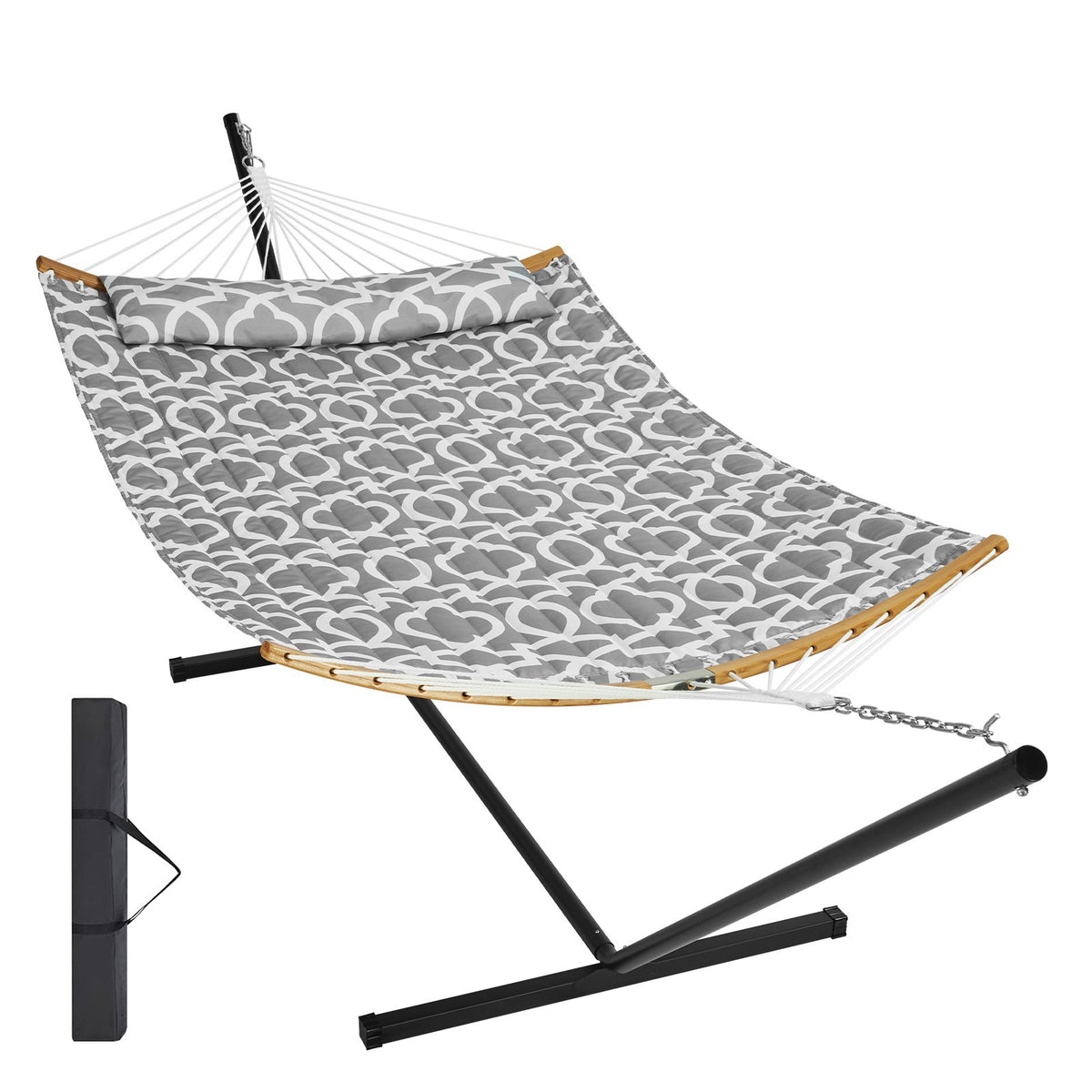 Double Hammock with Stand | Curved Spreader Bar, Pillow & Carry Bag | 480lb Capacity Outdoor Lounger