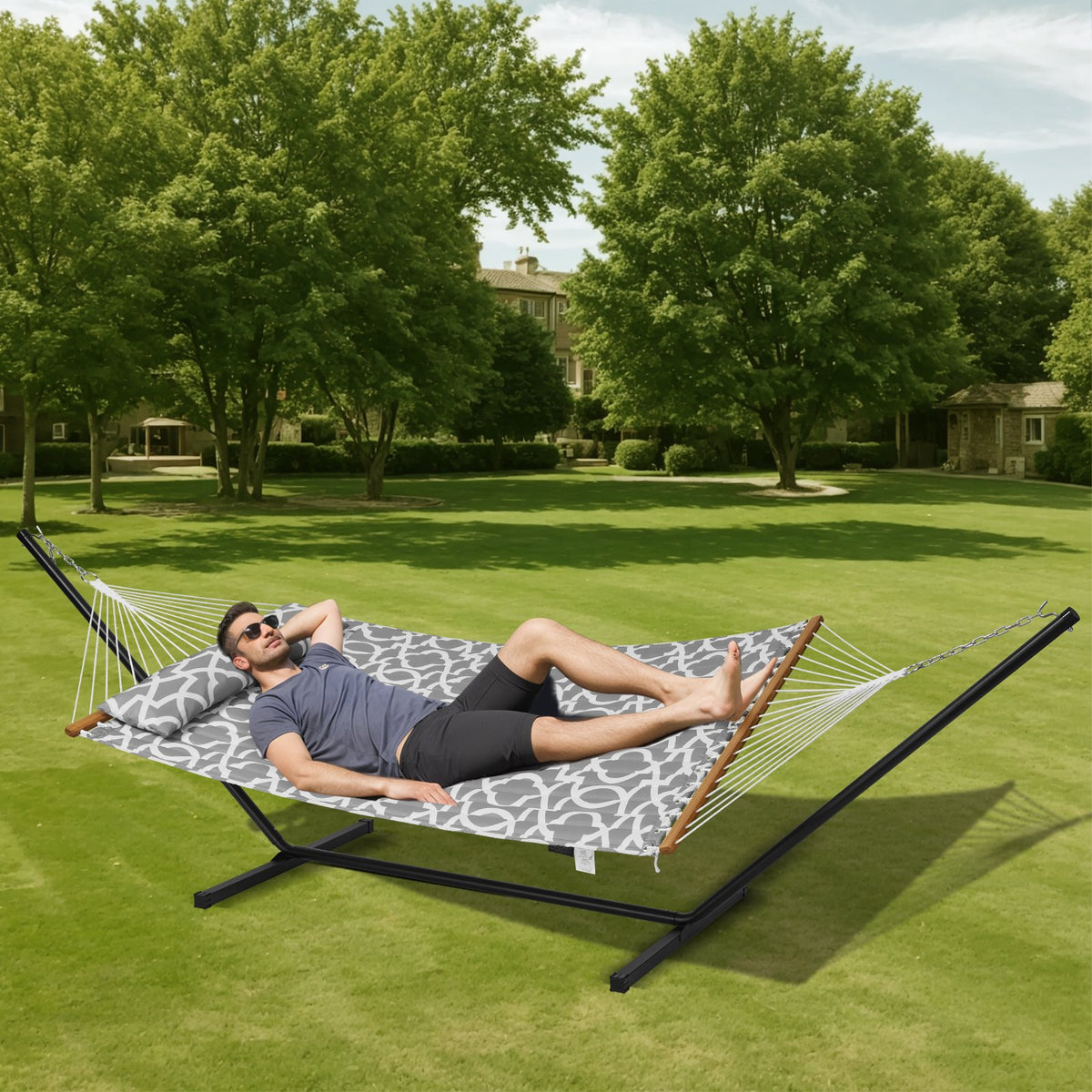 Two-Person Hammock with Stand | 480lb Capacity Double Hammock with Pillow & Carry Bag | 12ft Steel Frame Outdoor Lounge