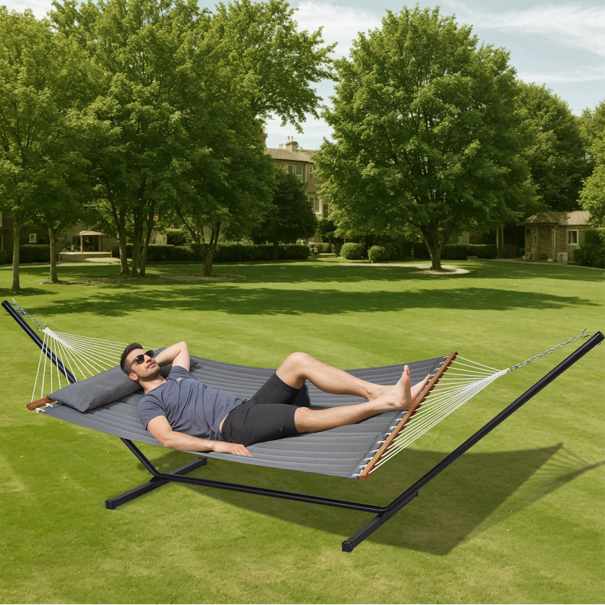 Double Quilted Fabric Hammock | 2-Person with Stand | 480lb Capacity
